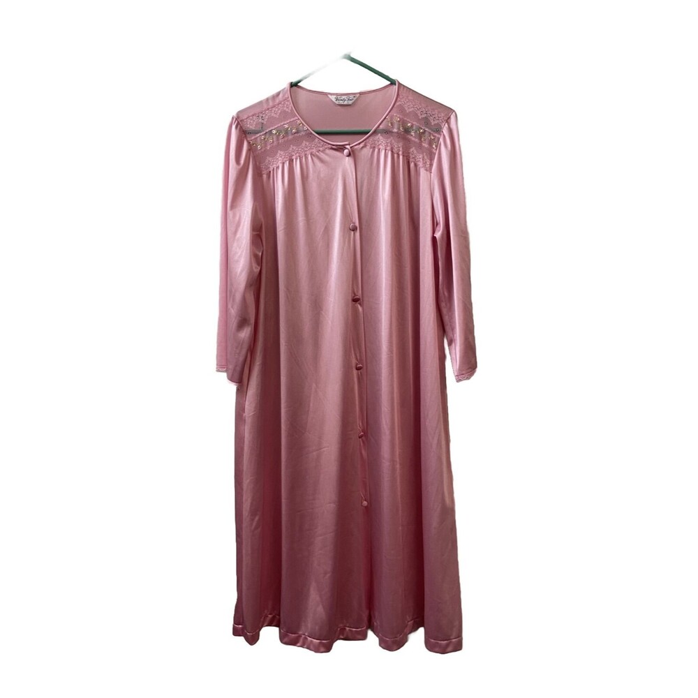 Vanity Fair Robe Womens Size  Medium  House Coat Button Front Pink Nylon Vintage